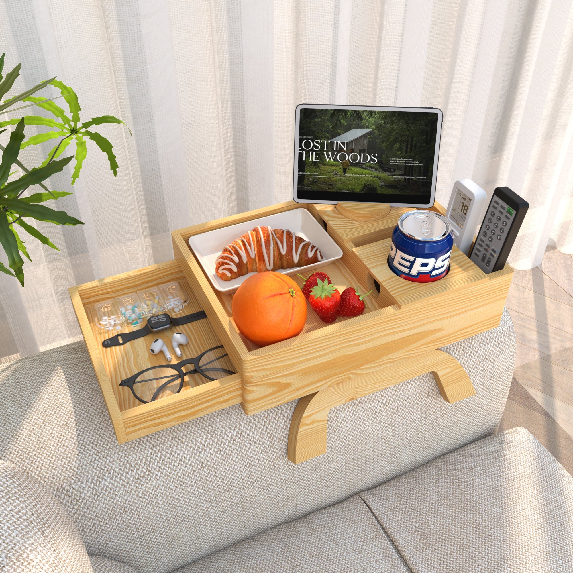 YOWOS 7-in-1 Solid Wood Sofa Arm Tray Table / Foldable Couch Organizer with Drawer