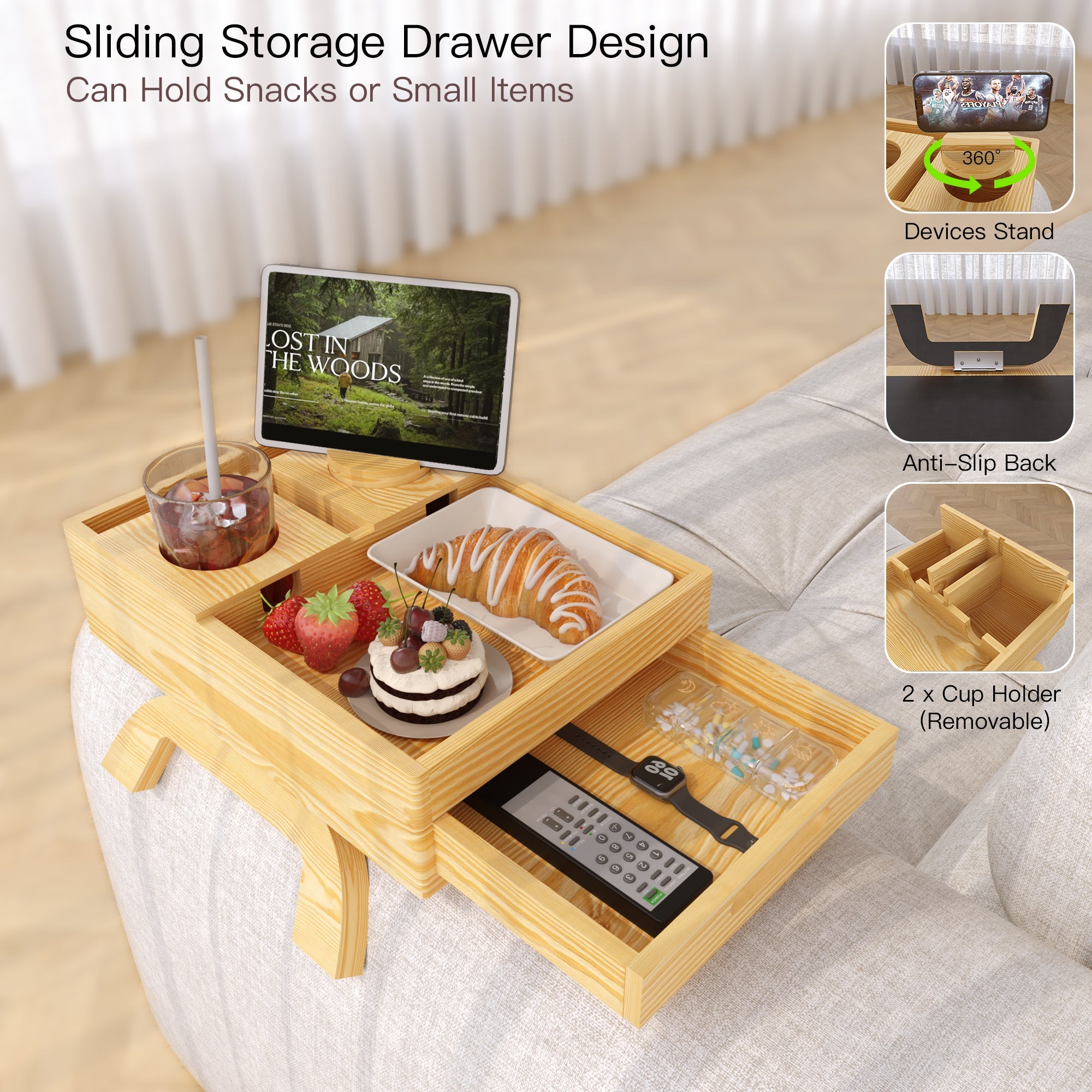 YOWOS 7-in-1 Solid Wood Sofa Arm Tray Table / Foldable Couch Organizer with Drawer